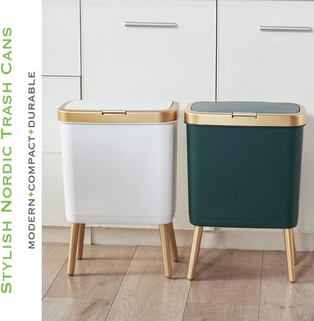 LIKOBI Trash Can with Lid,Bathroom Trash Can with Gold Edge,Slim Plastic Trash Bin for Bedroom,4 Gallon