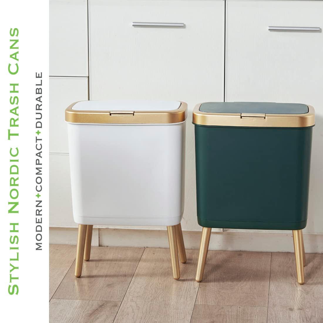 LIKOBI Trash Can with Lid,Bathroom Trash Can with Gold Edge,Slim Plastic Trash Bin for Bedroom,4 Gallon