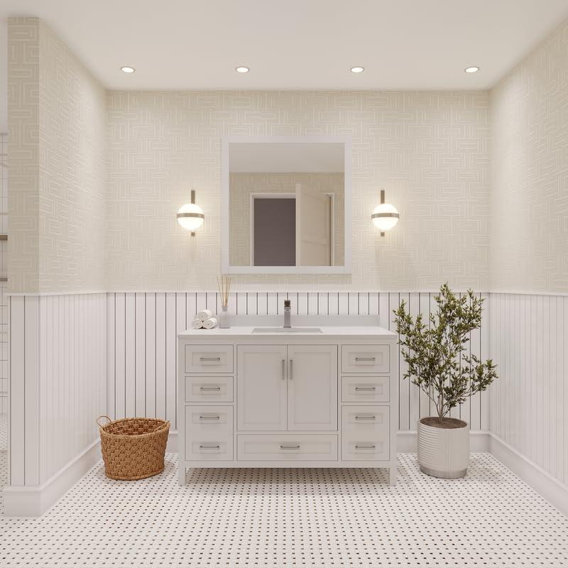 Ayna Decors Rooh 24 in White Bathroom Vanity Set with White Quartz Countertop | Ceramic Sink | 2 Soft Closing Doors | 1 Full Extention Soft Close Drawer | Brushed Nickel Hardware | AVR24WH3002