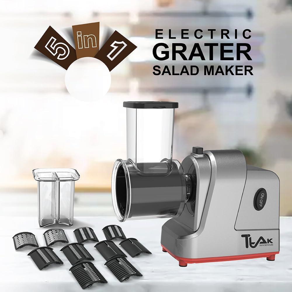 Ttak HOUSEWARE Electric Cheese Grater, 250W Professional Electric Slicer Shredder, One-Touch Control Electric Salad Machine Fruits, Vegetables, Cheeses, Salad Maker 5 Attachments Food Processor