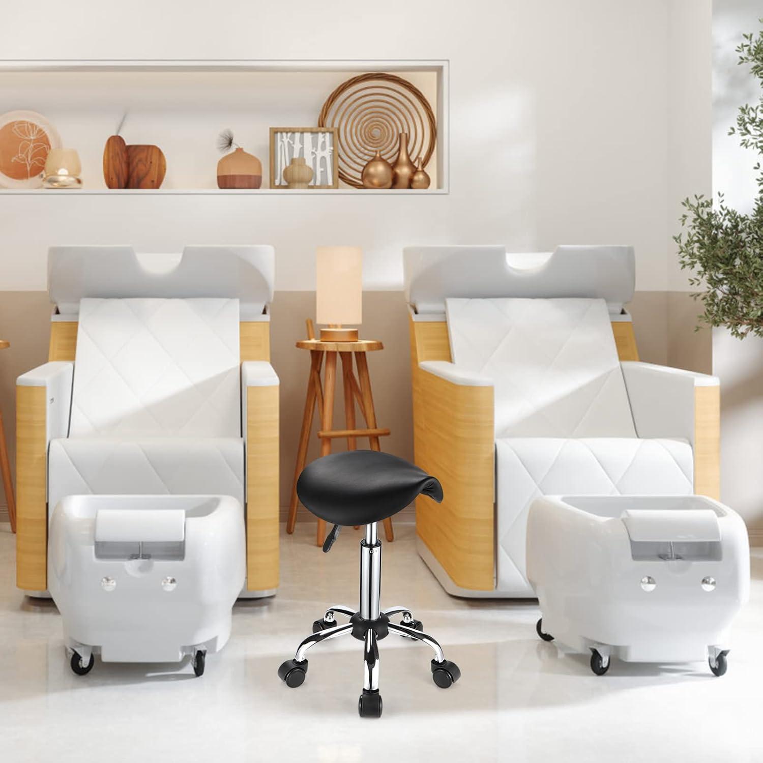 Adjustable Rolling Saddle Stool PU Leather Rolling Stool Salon Chair with Wheels Black