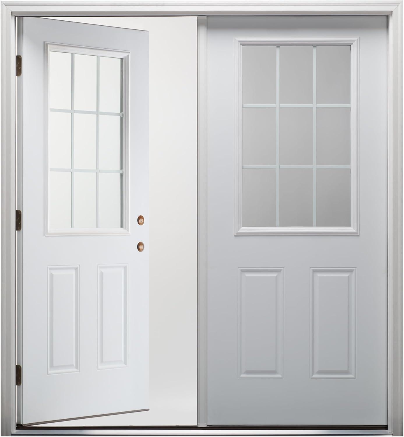 60 in. x 80 in. White Internal Grilles Right-Hand Inswing 1/2-Lite Clear Glass 2-Panel Primed Steel Prehung Front Door