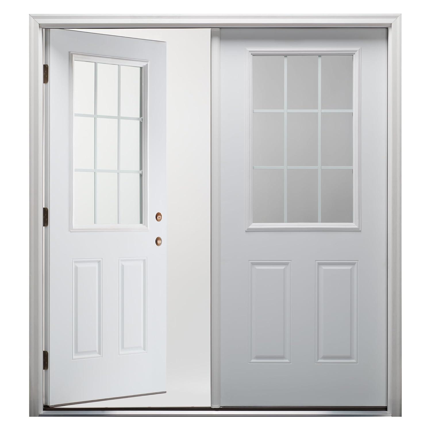 60 in. x 80 in. White Internal Grilles Right-Hand Inswing 1/2-Lite Clear Glass 2-Panel Primed Steel Prehung Front Door