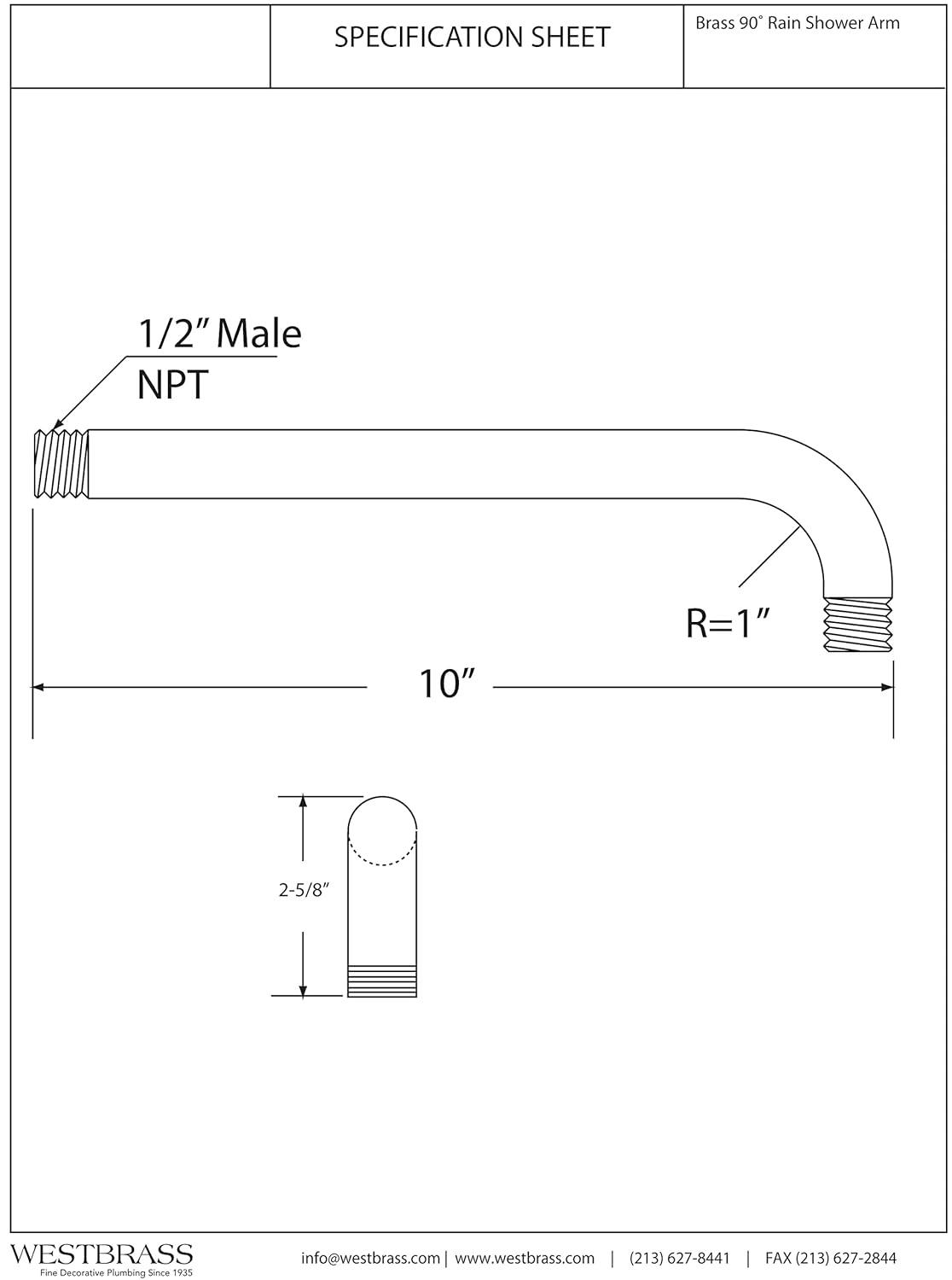 1/2" IPS x 10" IPS Wall Mount 90-Degree Rain Shower Arm with Flange