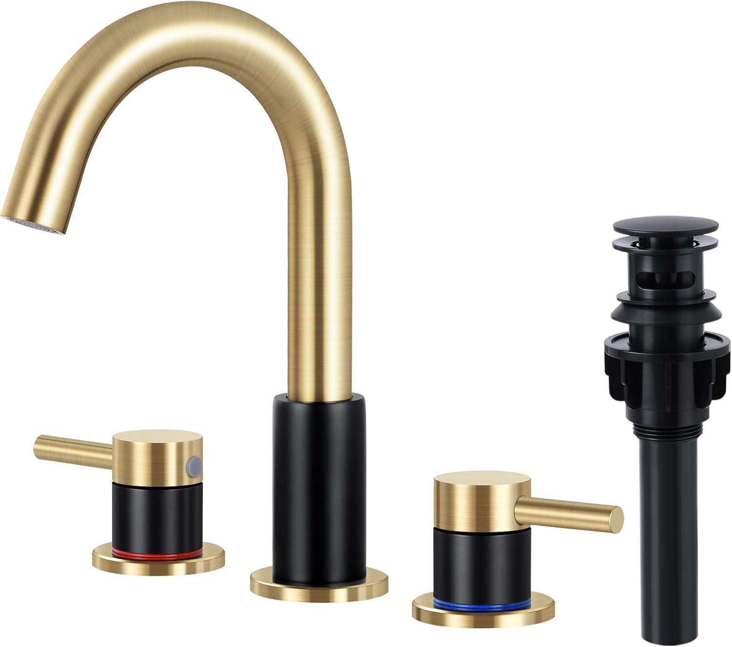 8-Inch Widespread Black and Gold Stainless Steel Bathroom Faucet