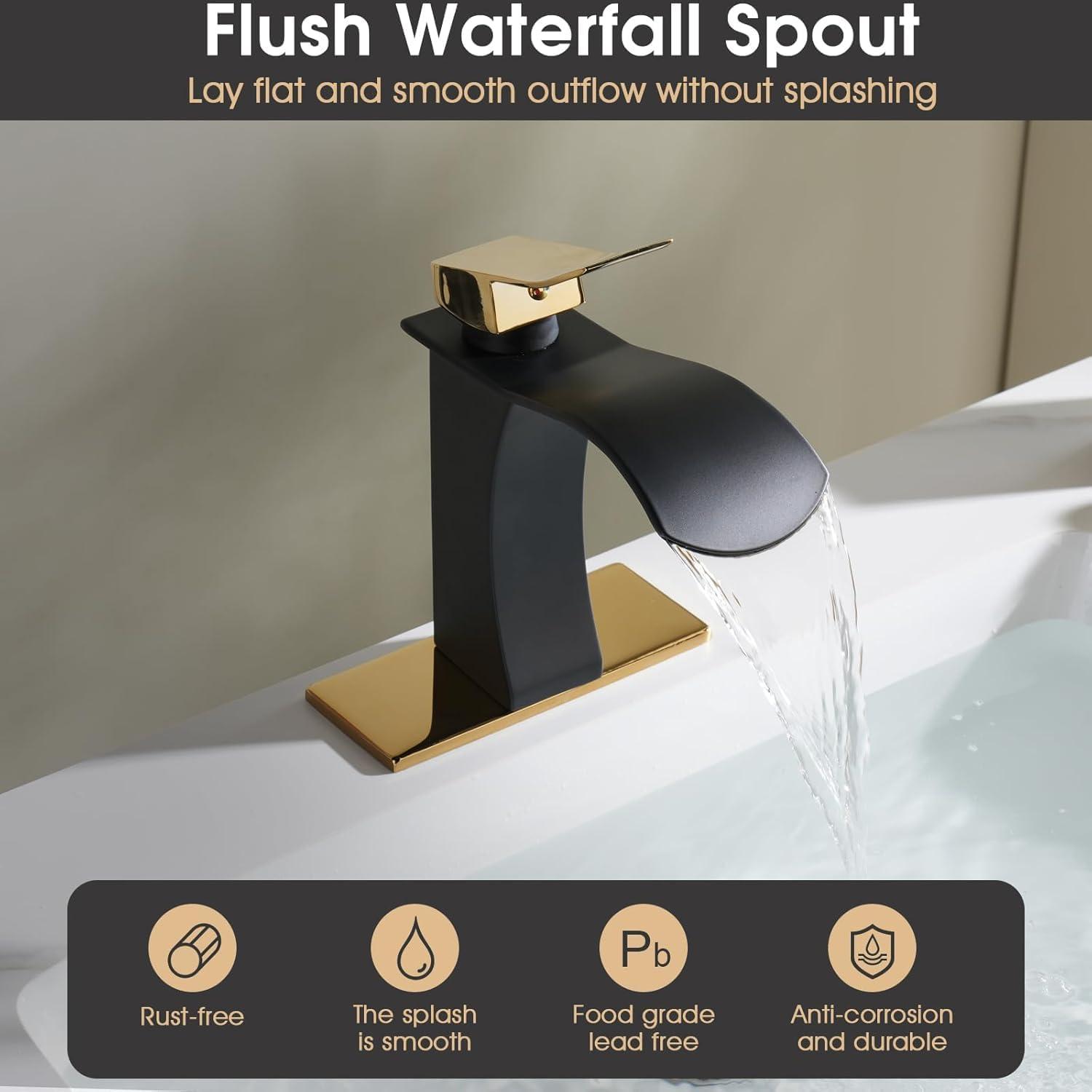 Wowow Waterfall Bathroom Faucet Gold and Black Faucet for Bathroom Sink Single Handle Mixer Tap Lavatory Vanity Faucet with Deck Plate, 1 or 3 Hole