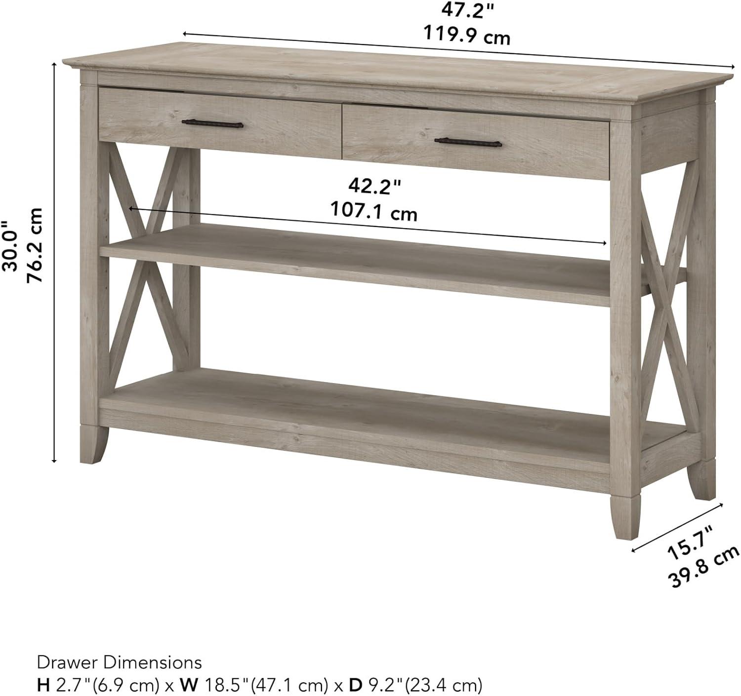 Washed Gray Farmhouse Console Table with Storage and X Pattern Accents