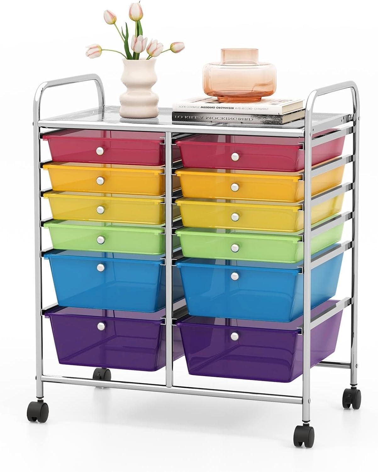 Storage Cart with 12 Drawers Rolling Wheels Semi-Transparent Multipurpose Mobile Rolling Utility Cart for School, Office, Home, Beauty Salon Files Arrangement Storage Organizer Cart, Multi-color