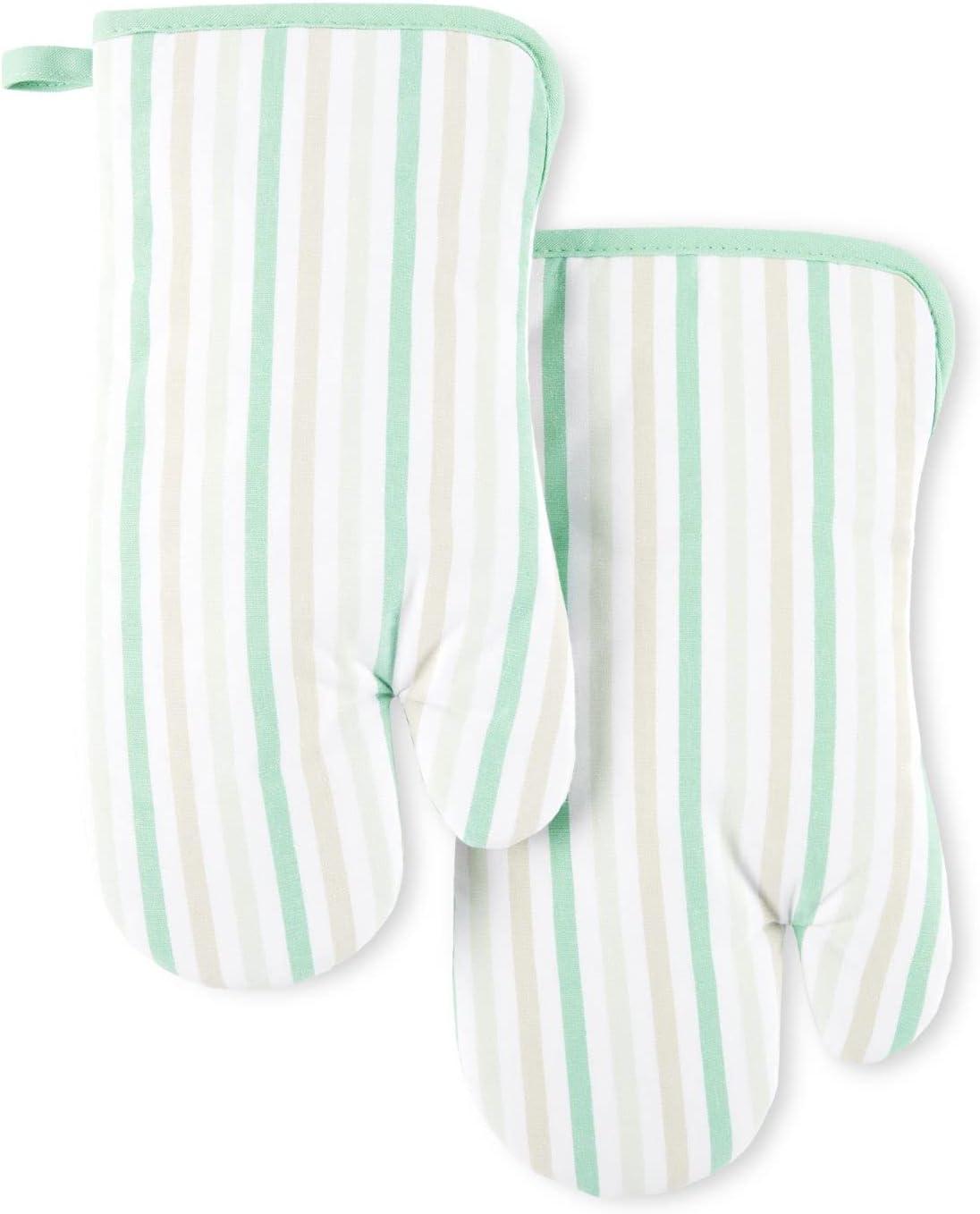 Mint and White Striped Cotton Oven Mitt Set, 7"x13"