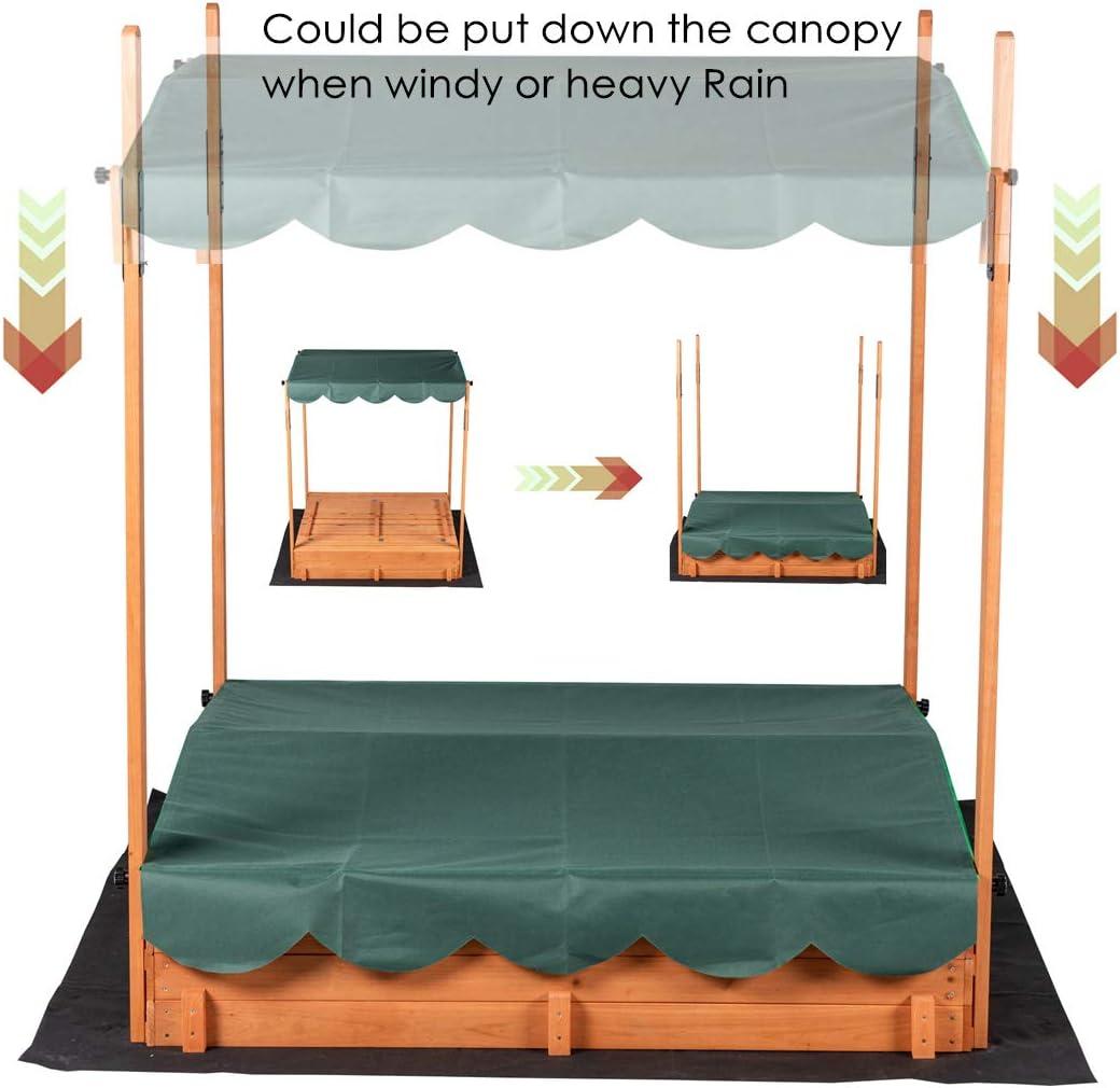 Wooden Outdoor Kids Sandbox Convertible Canopy Covered Sand Box Bench Seat Storage