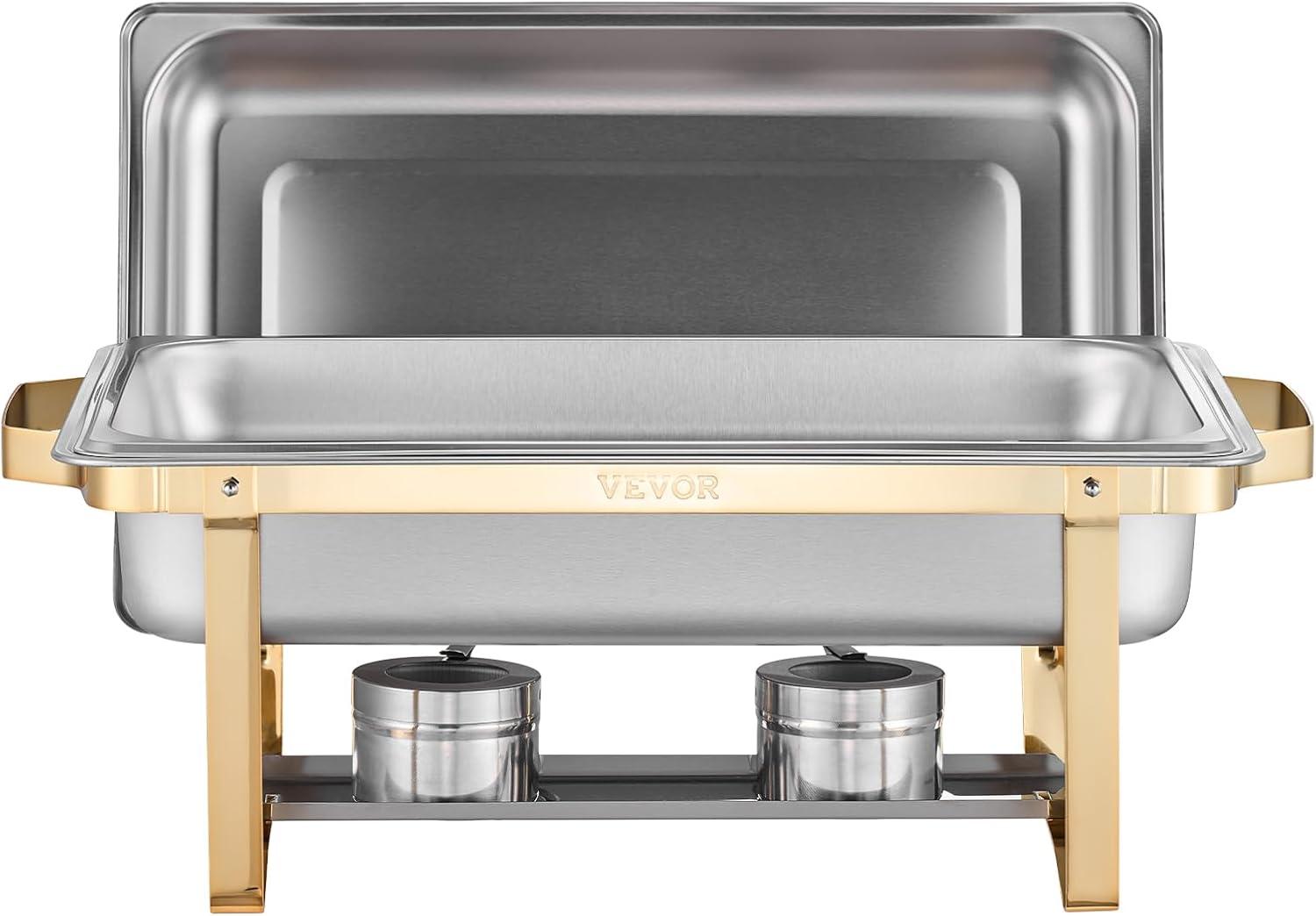VEVOR Chafing Dish Buffet Set, 8 Qt 4 Pack, Stainless Steel Chafer with 2 Full Size and 4 Half Size Pans, Rectangle Catering Warmer Server with Lid Water Pan Stand, for Weddings Parties Banquets, Gold