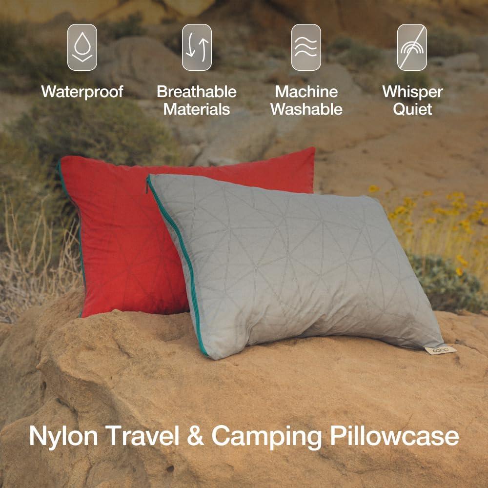 Coop Home Goods Adjustable Travel Pillow - 1 Camping Pillow and 1 Grey Pillowcase Bundle w/ Compressible Stuff Sack