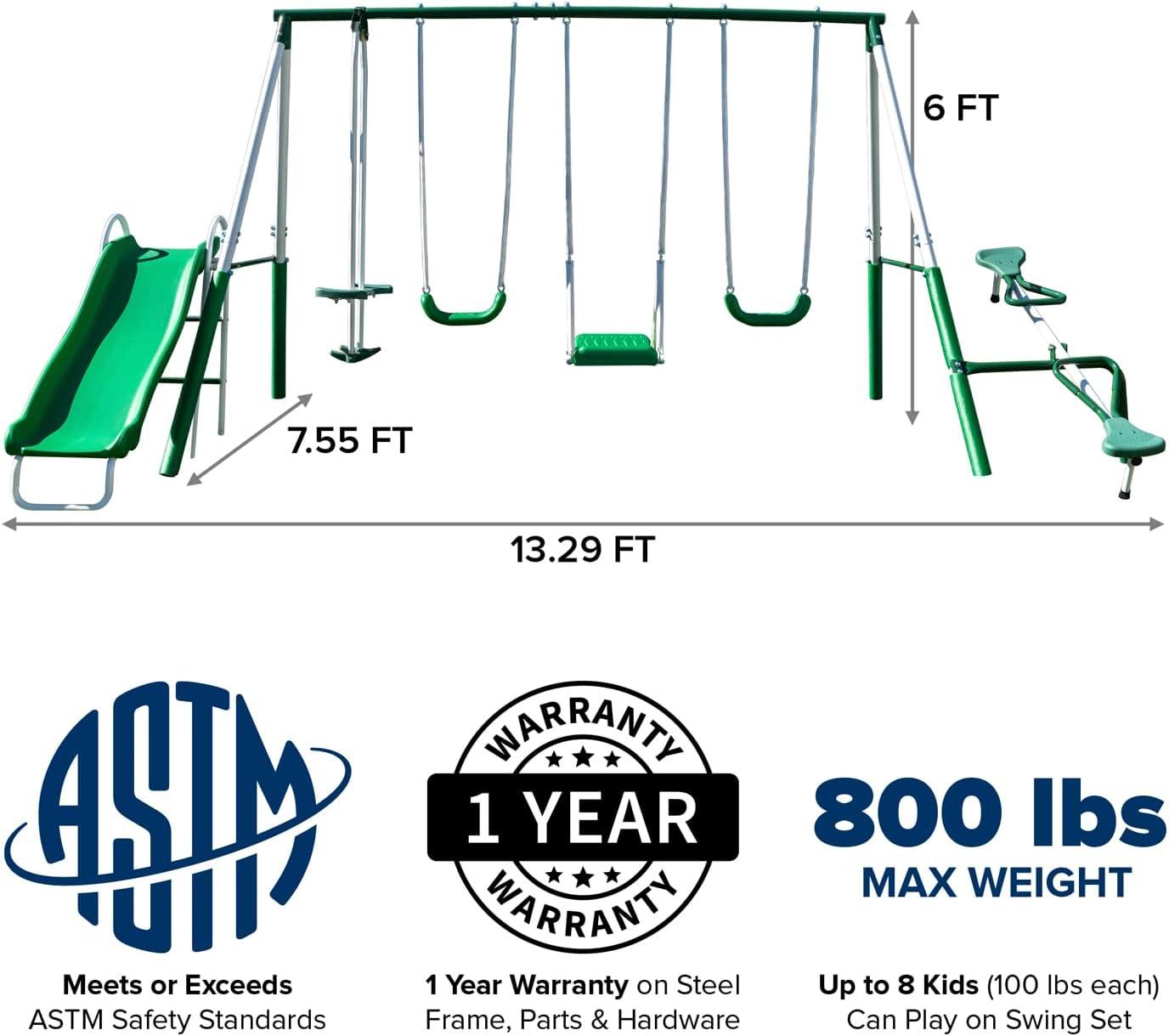 Green and White Metal Swing Set with Slide and Glider