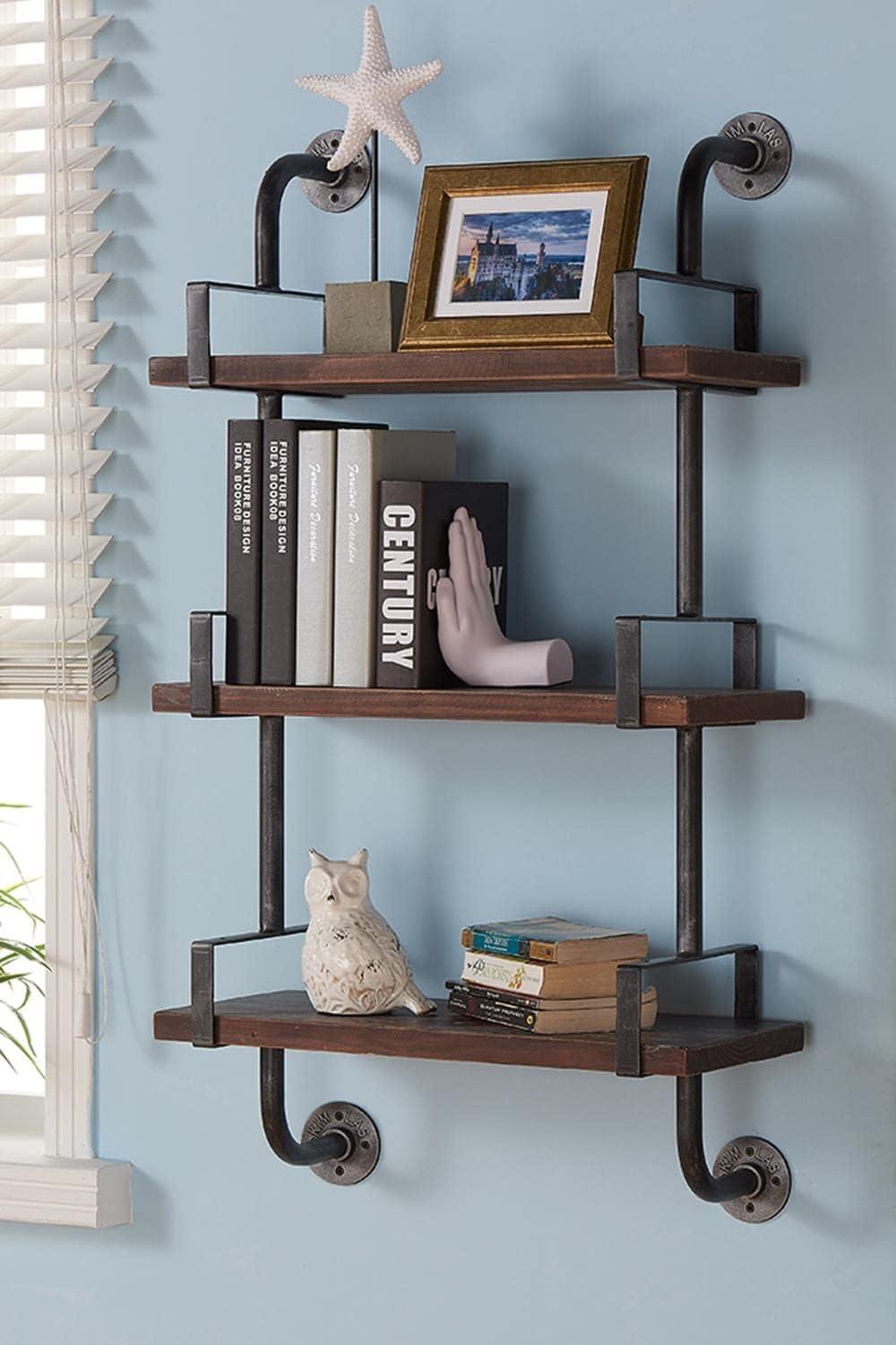 Walnut Wood Industrial Wall Shelf with Gray Metal Piping