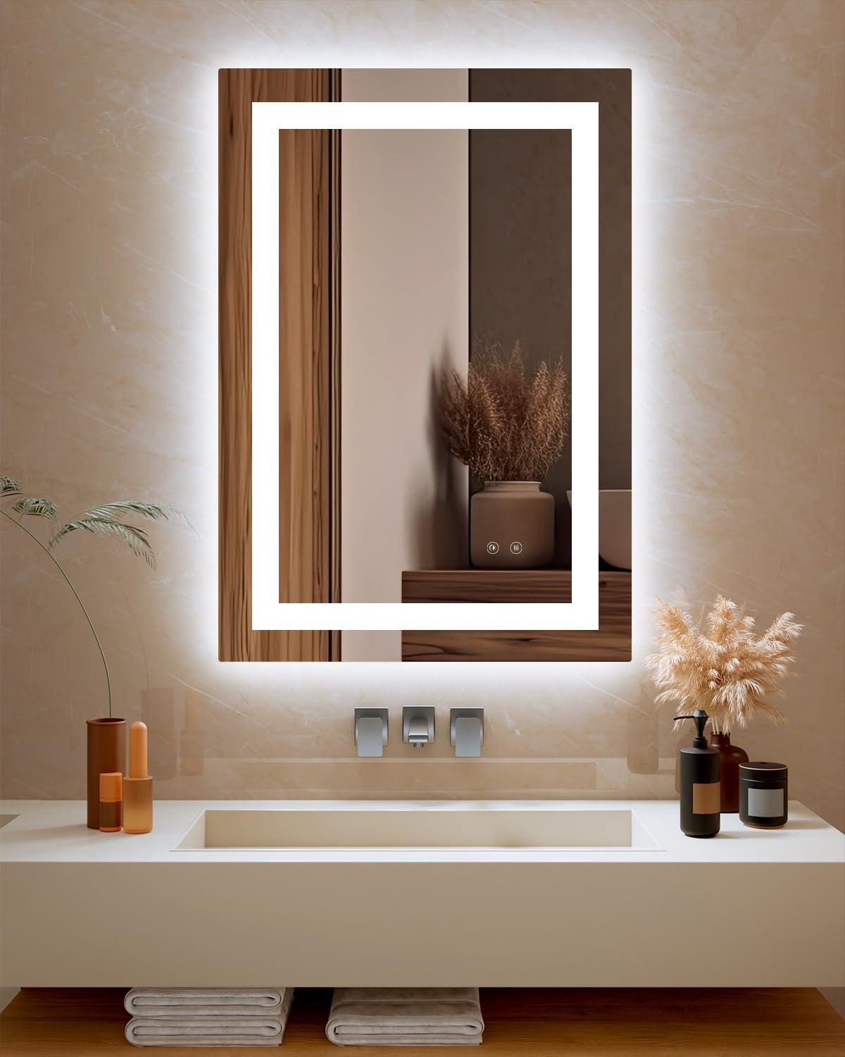 Amorho LED Mirror for Bathroom, 24"X32" with Front and Backlight, Stepless Dimmable Wall Mirrors with Anti-Fog, Shatter-Proof, Memory, 3 Colors, Double LED Vanity Mirror(Horizontal/Vertical)