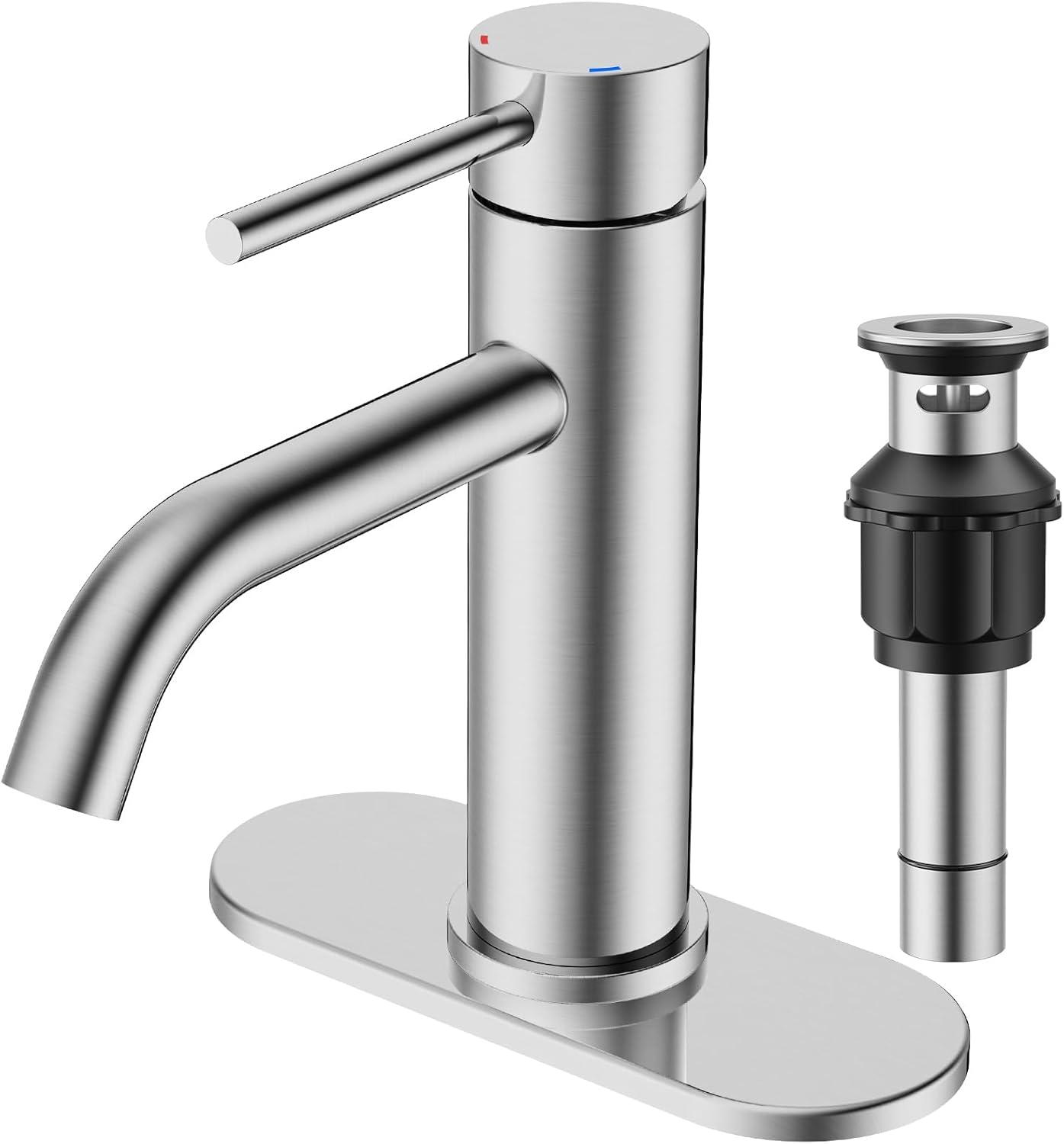 Single Handle Mid-Arc Bathroom Faucet with Deckplate and Pop-Up Drain in Brushed Nickel