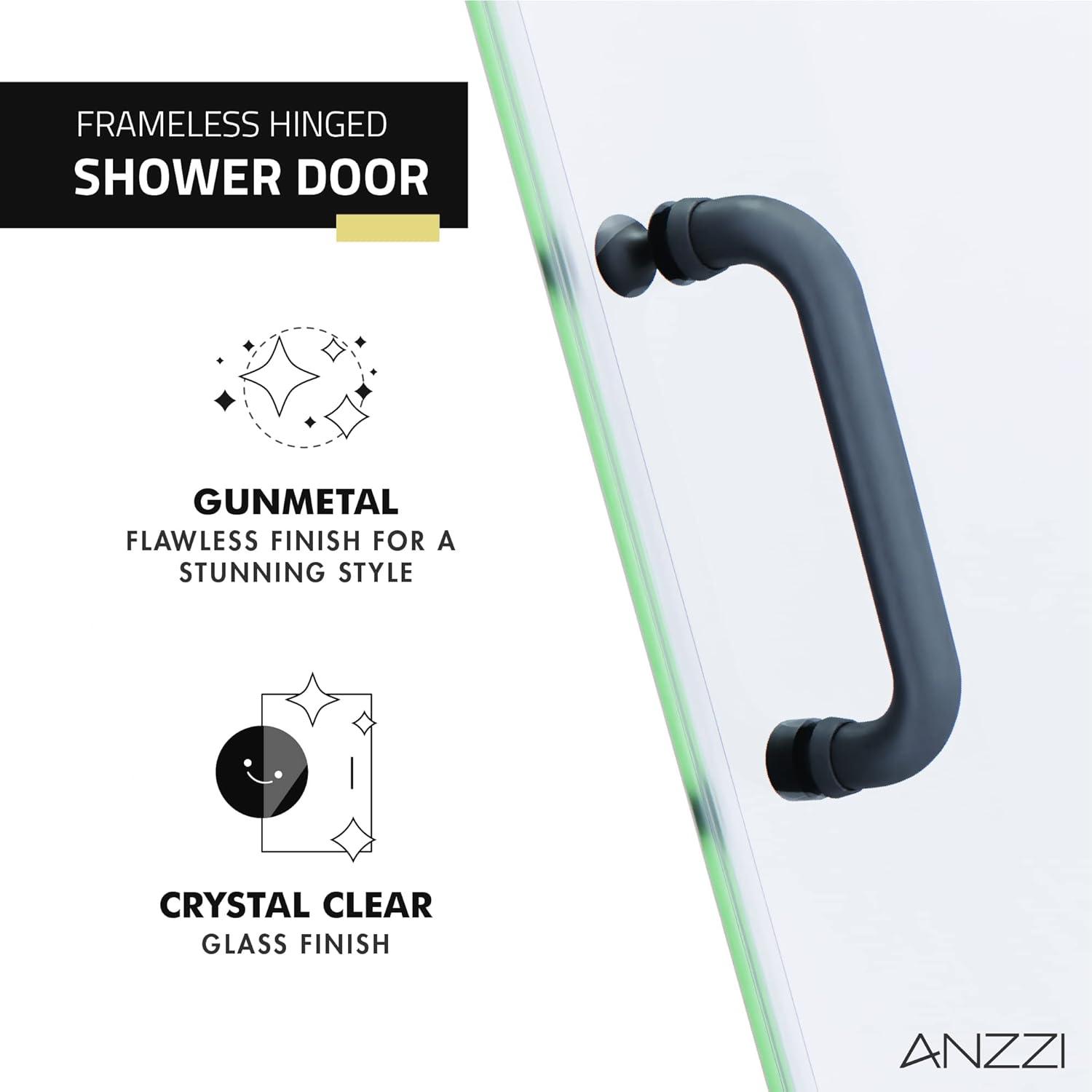 Gunmetal Black Frameless Hinged Shower Door with Clear Glass