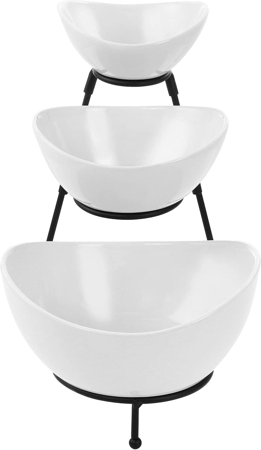 White Ceramic 3-Tier Oval Serving Bowl Set with Metal Stand