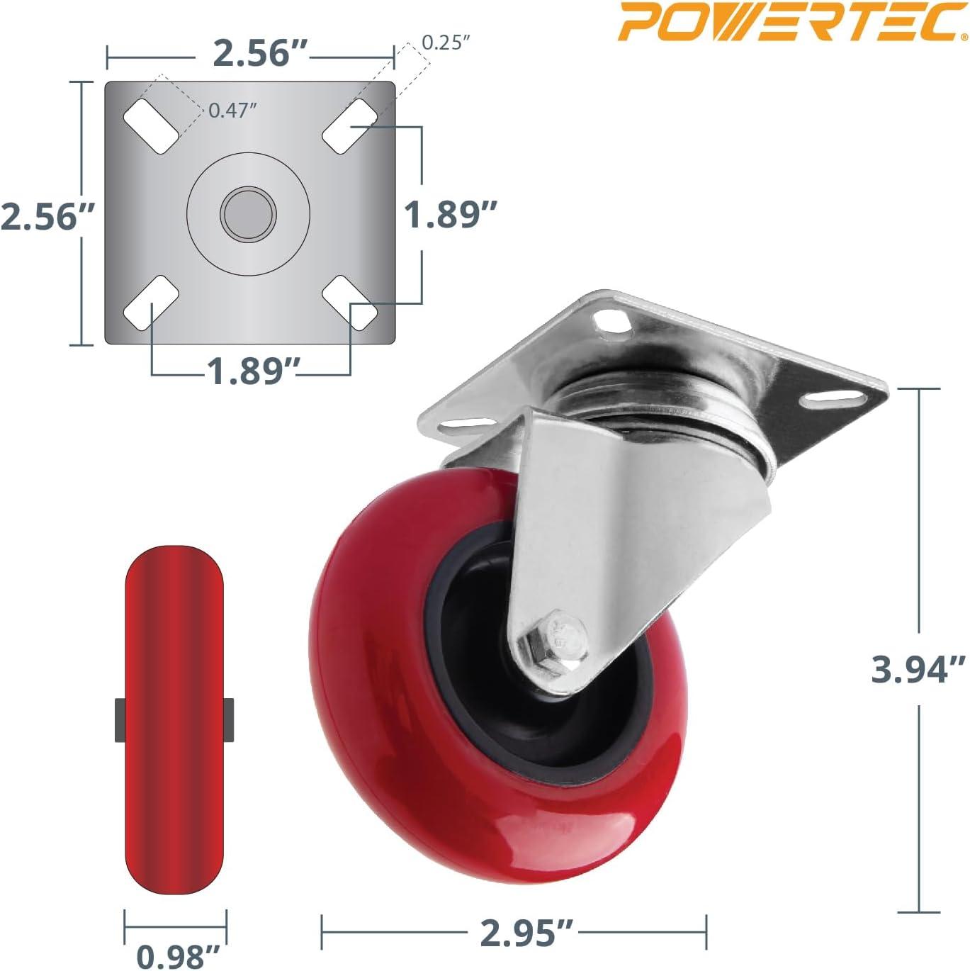 POWERTEC 3-Inch Red Polyurethane Swivel Plate Caster Wheels, Set of 4