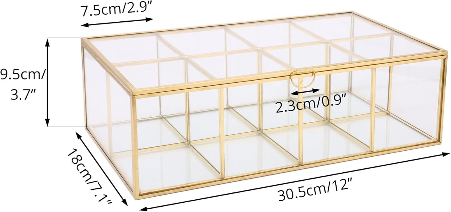 NCYP Glass Tea Bags Organizer, 12" x 7.1" x 3.7" Sugar Packets Storage Box - 8 Grids Compartments Jewelry Container, Indoor Counter Top Brass Display Case with Lid, Gold Decor (Glass Box Only)