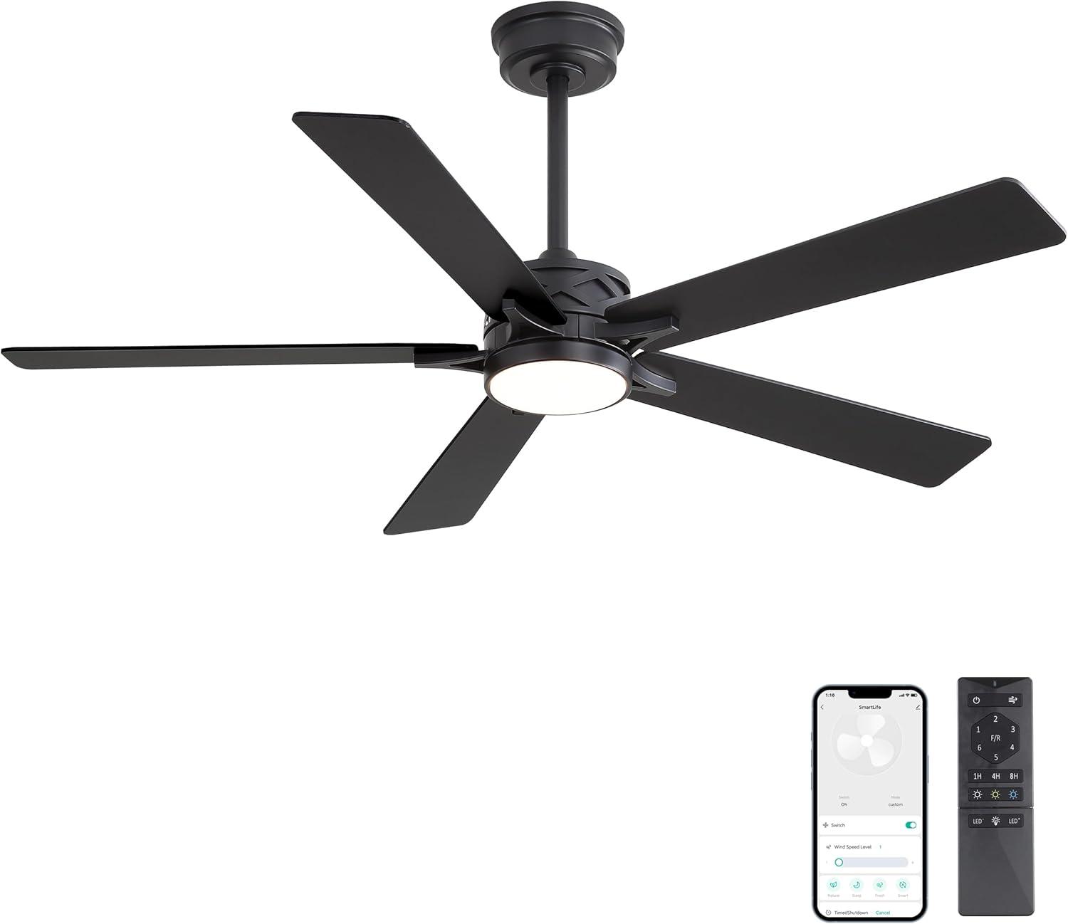 52" 5 Baldes Smart Wifi Ceiling Fan with Remote and Dimmable LED Light Dark Wood
