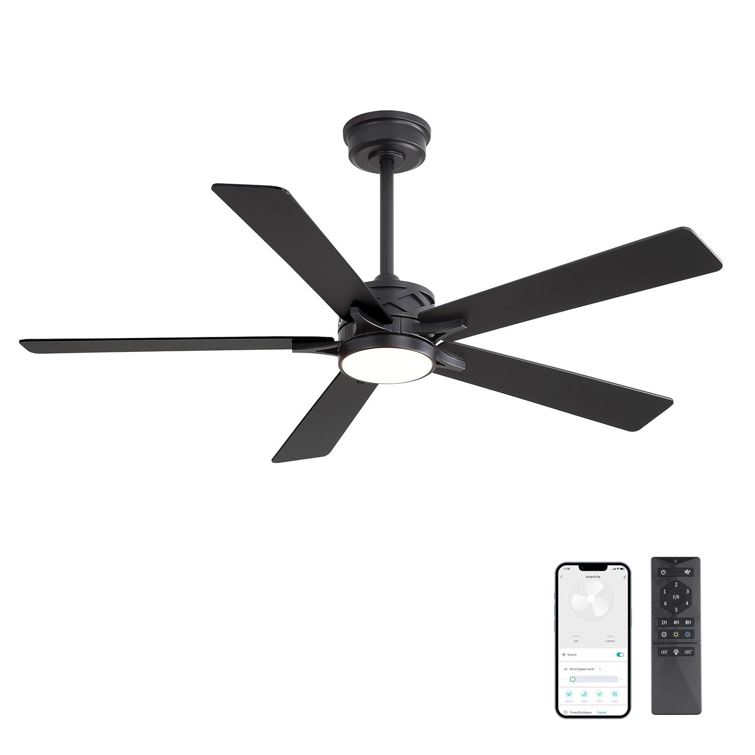 52" 5 Baldes Smart Wifi Ceiling Fan with Remote and Dimmable LED Light Dark Wood