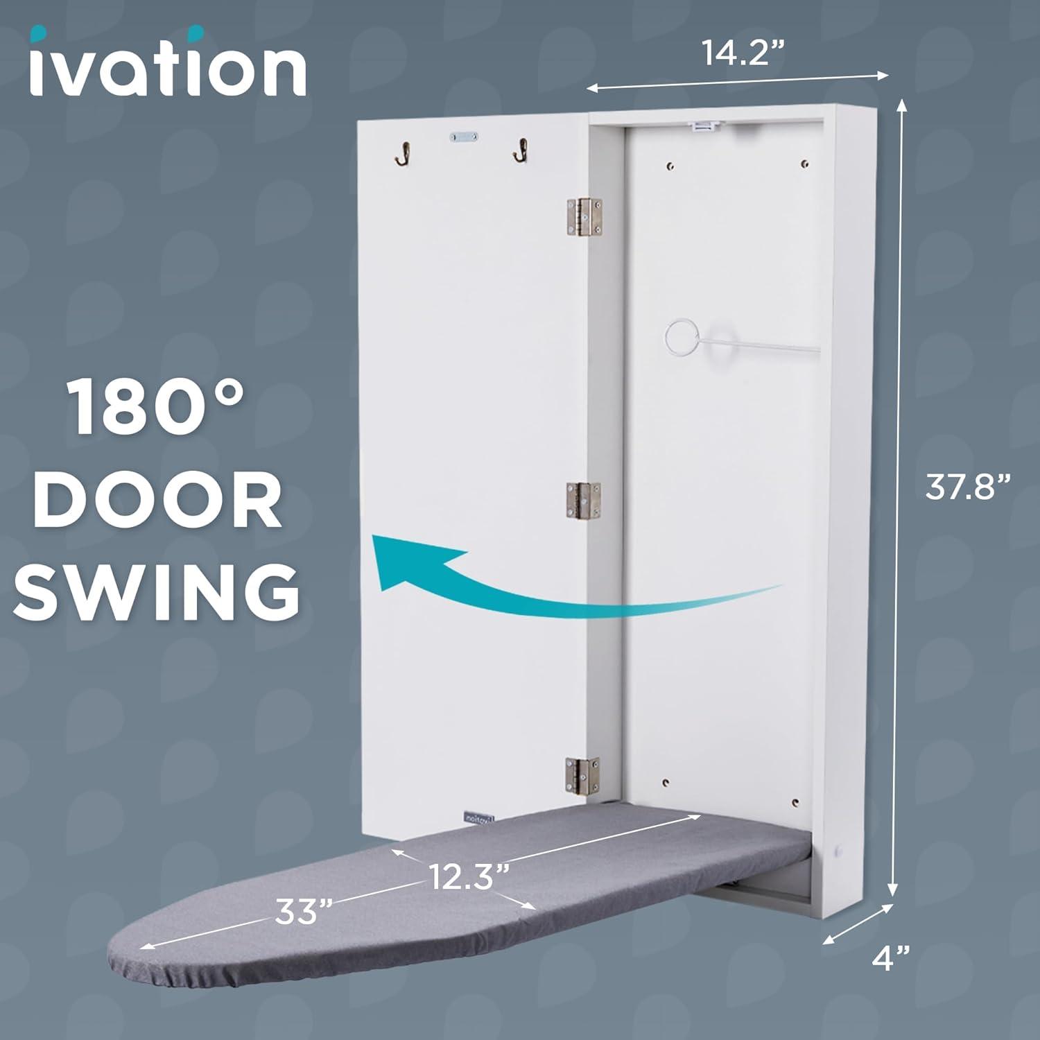 Ivation Ironing Board, Wall Mounted Ironing Board Cabinet W/Left Side Door, Mirror & Lever, White