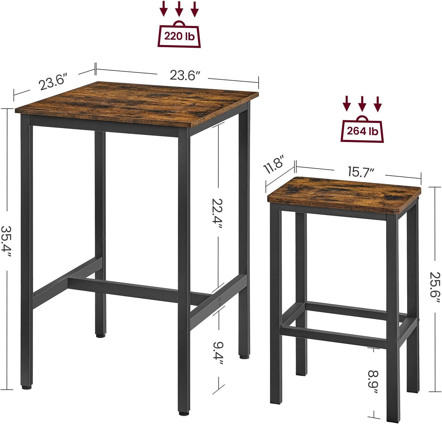 Table and Chairs Set  Square  Table with 2  Stools  Dining Pub  Table Set for 2  Space Saving for Kitchen Breakfast  Living Room  Party Room  Rustic Brown and Black