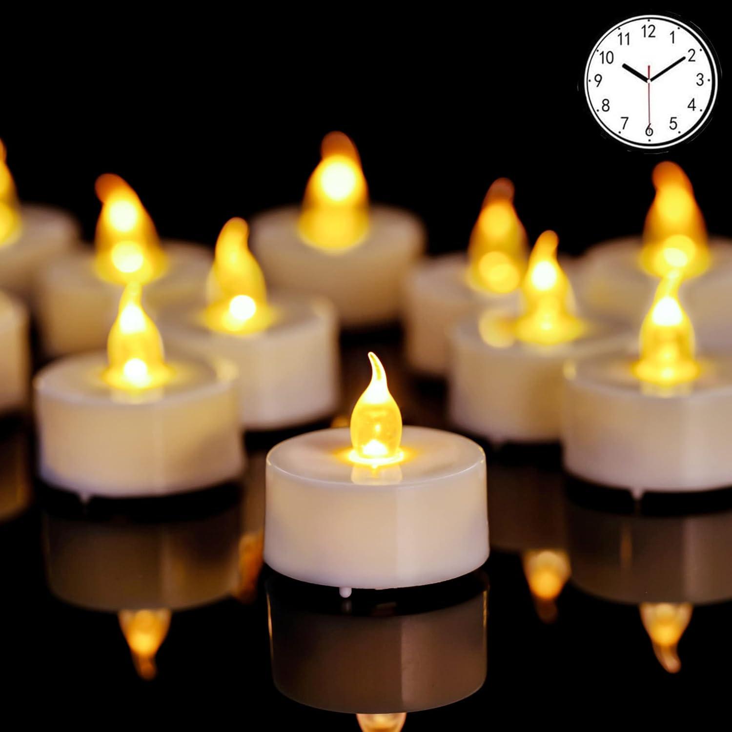 Yellow Flameless LED Tealight Candles with Timer, 12-Pack