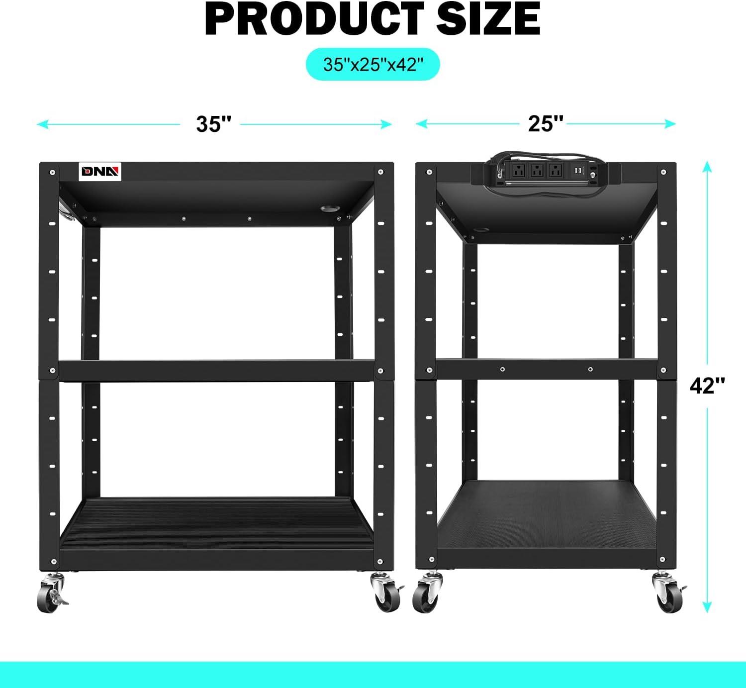 Adjustable Black Steel 3-Shelf Rolling Utility AV Cart