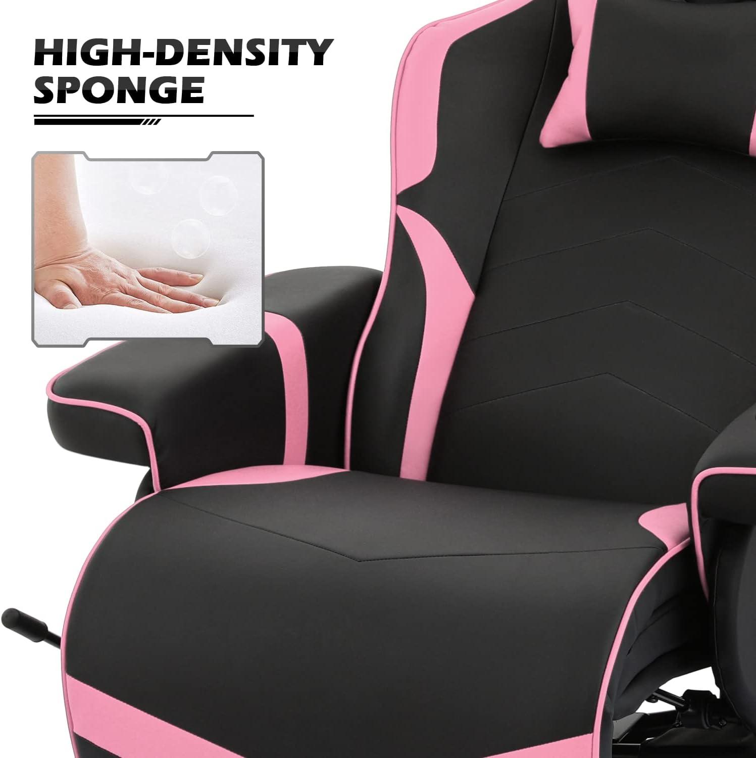 MoNiBloom Racing Style Pu Leather Ergonomic Adjusted Reclining Video Gaming Sofa Chair Seat with Adjustable Backrest and Footrest Cup Holder Pillow, Pink