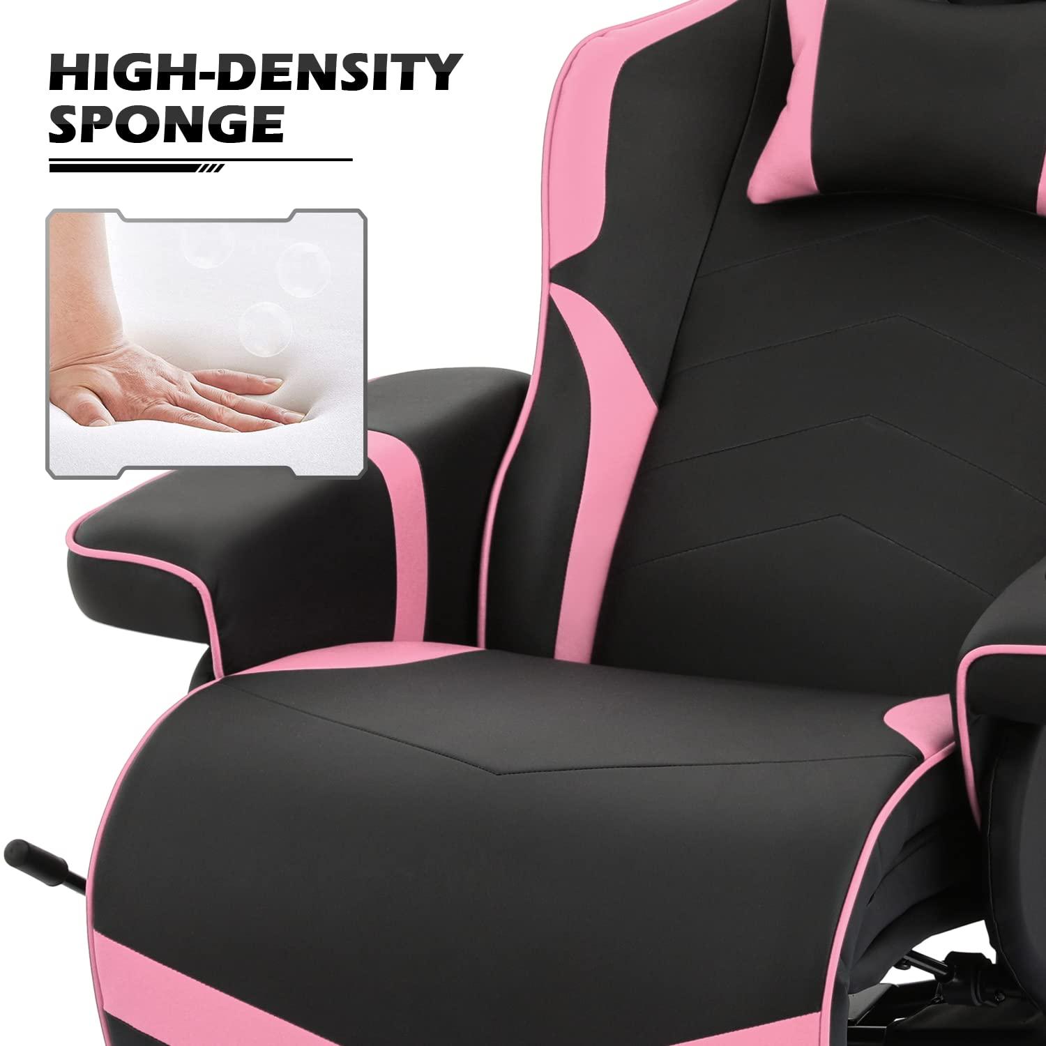 MoNiBloom Racing Style Pu Leather Ergonomic Adjusted Reclining Video Gaming Sofa Chair Seat with Adjustable Backrest and Footrest Cup Holder Pillow, Pink