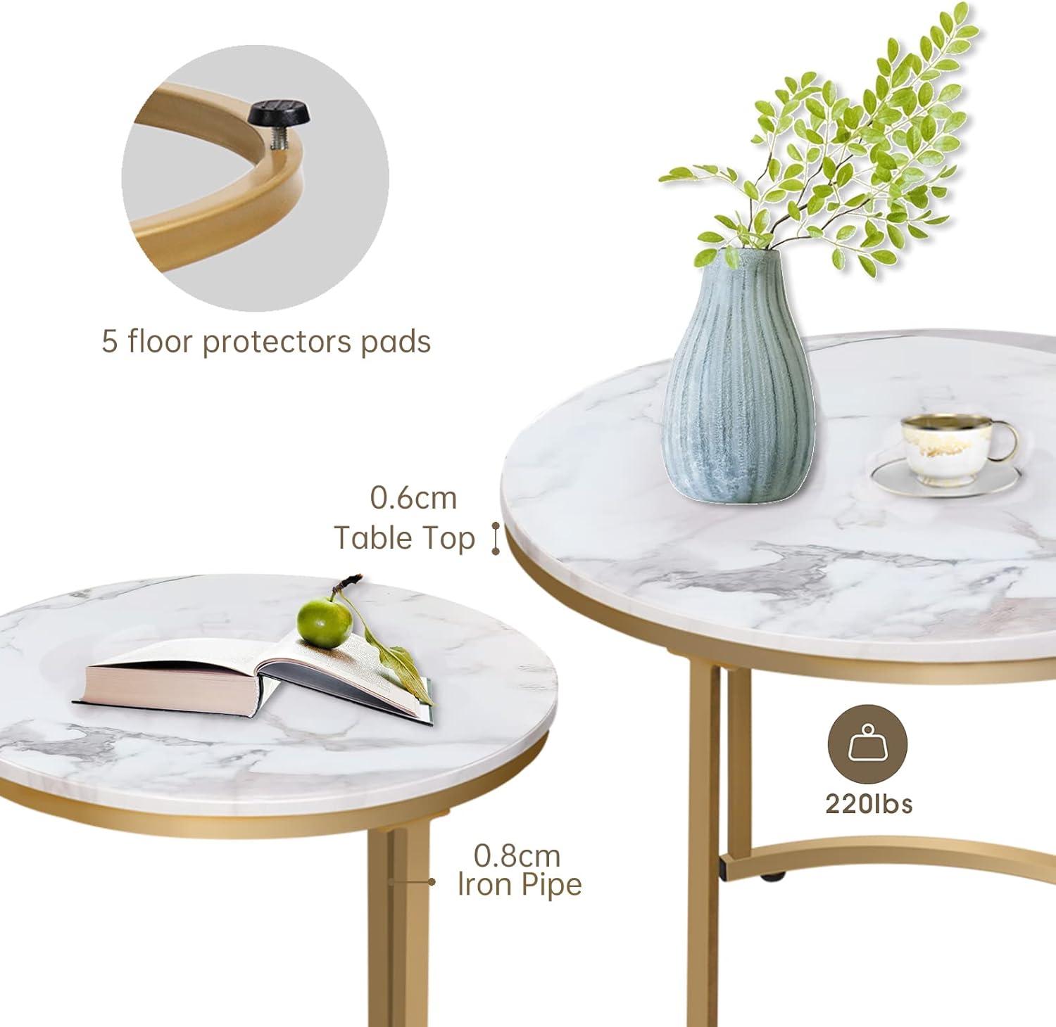 White Marble and Gold Round Nesting Coffee Table Set