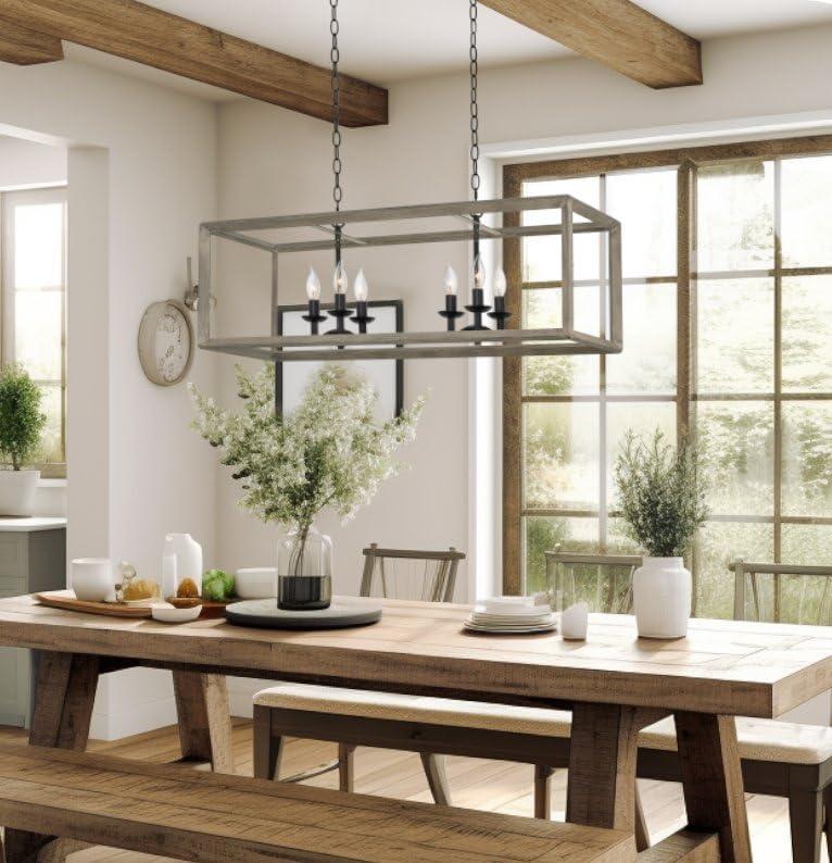 Kira Home Carlton 36" Farmhouse Kitchen Island Light, Rectangle Pendant Chandelier, Gray Oak Wood Style Metal Frame