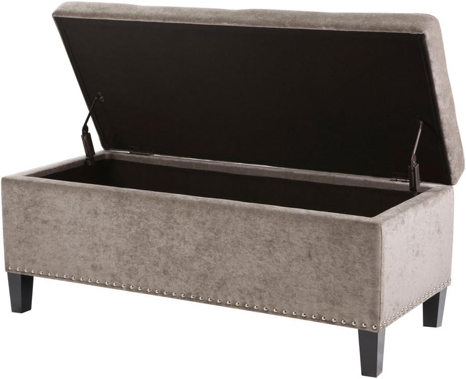 Taupe Tufted Storage Bench with Nailhead Trim and Black Wood Legs