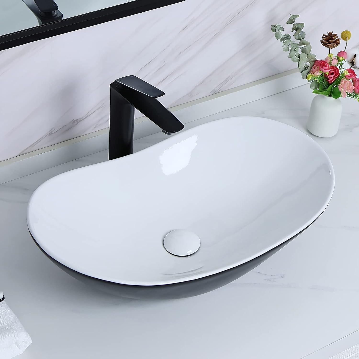 Matte Black Oval Ceramic Vessel Sink with Pop-Up Drain