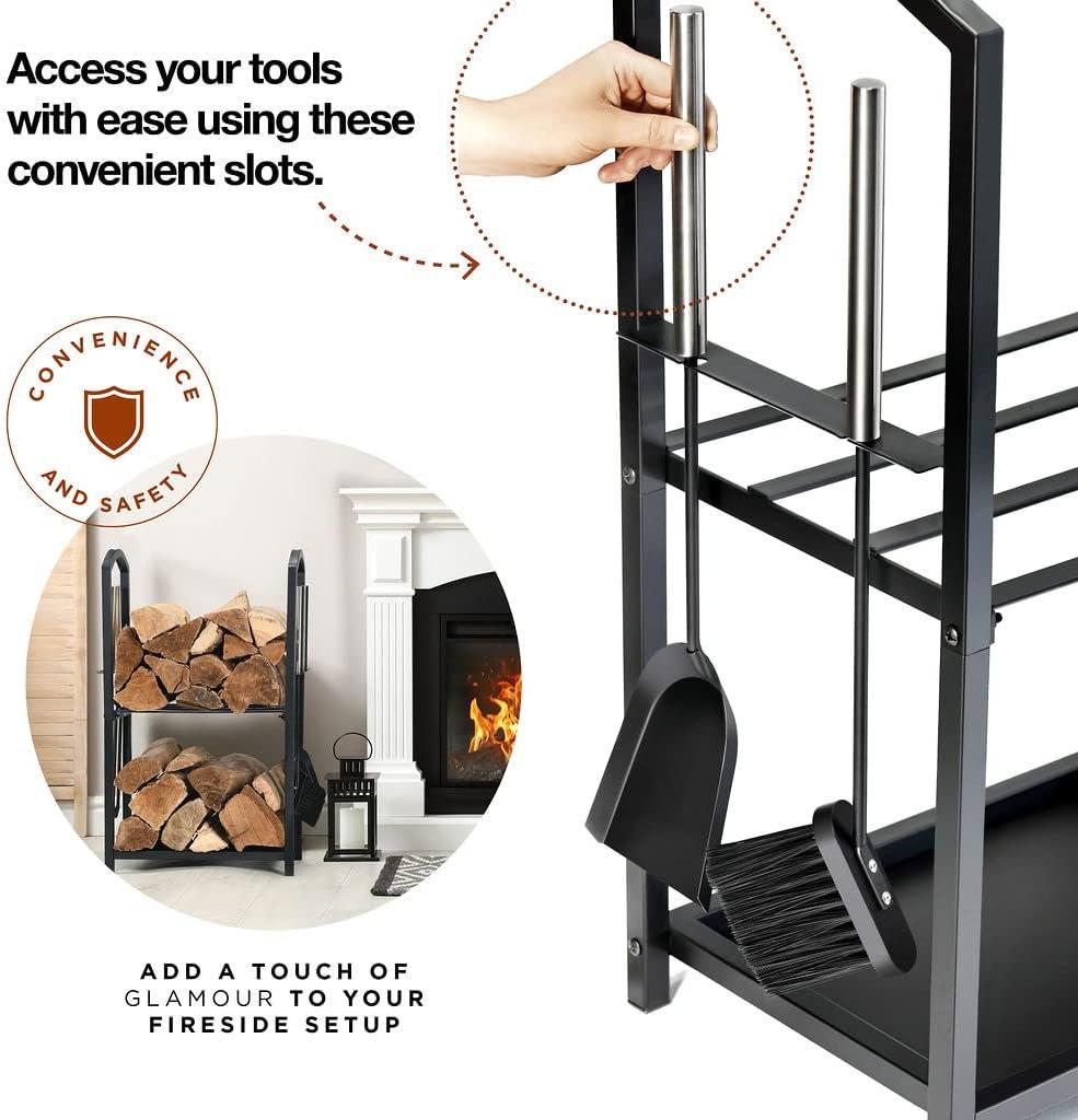 Black Powder Coated Steel 2-Tier Firewood Rack with Tools