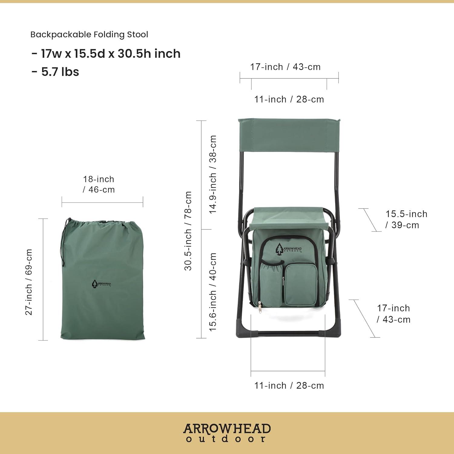 Arrowhead Outdoor Multi-Function 3-in-1 Compact Camp Chair: Backpack, Stool & Insulated Cooler, w/Bottle Holder & Storage Bag, Hiking (Forest Green)