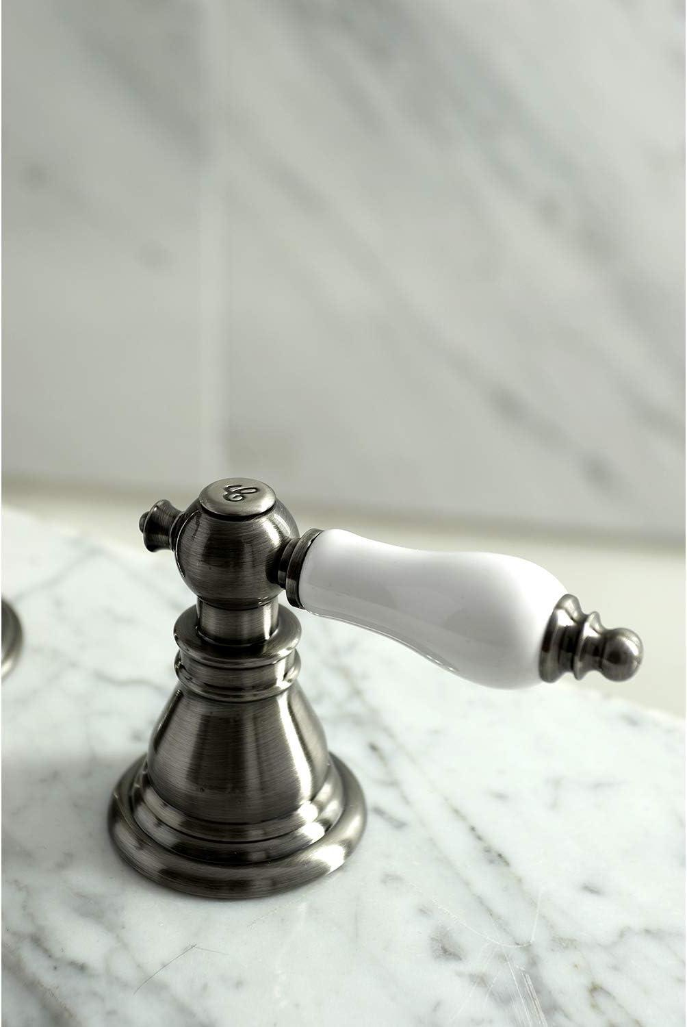 Kingston Brass American Patriot Two-Handle 3-Hole Deck Mount Widespread Bathroom Faucet with Brass Pop-Up Drain