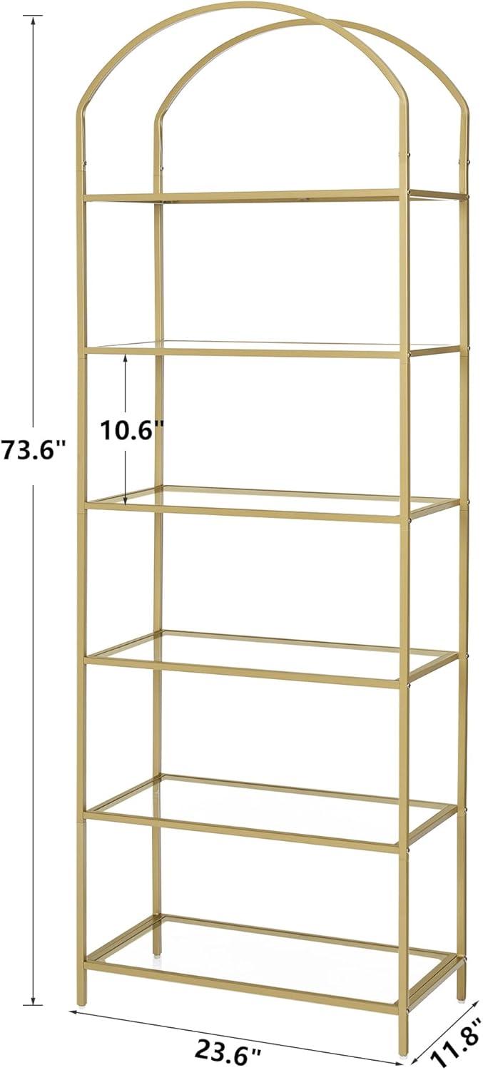 Mercer41 Bookcase Bookshelf, Tempered Glass Arched Bookshelf For More Storage, Slim Shelving Unit For Bedroom, Bathroom, Home Office, Steel Frame, 6 Tier Gold