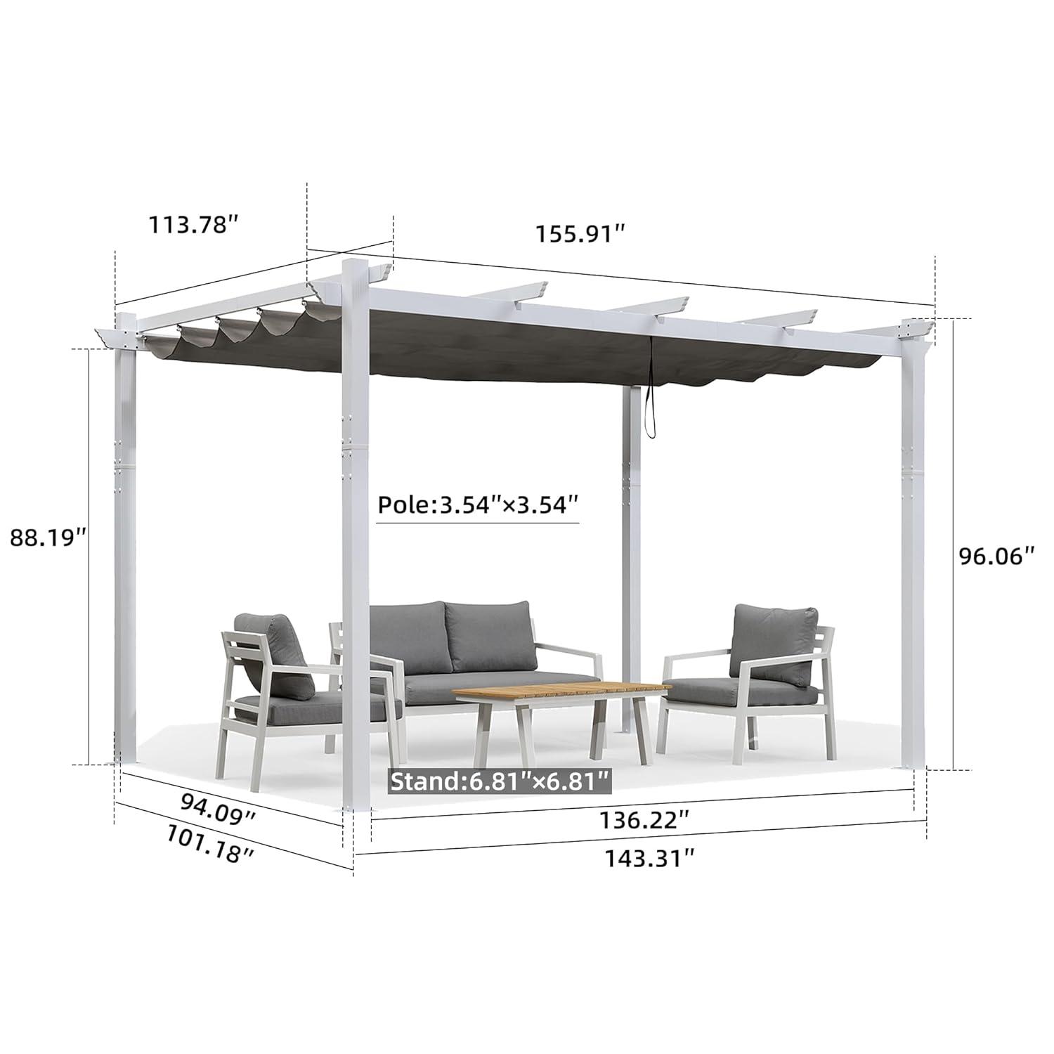 PURPLE LEAF Pergola 10' X 13' Outdoor Retractable Metal Patio Pergola with Shade Cover for Garden Yard Pavilion Grill for Beach Deck Gazebo, Terra