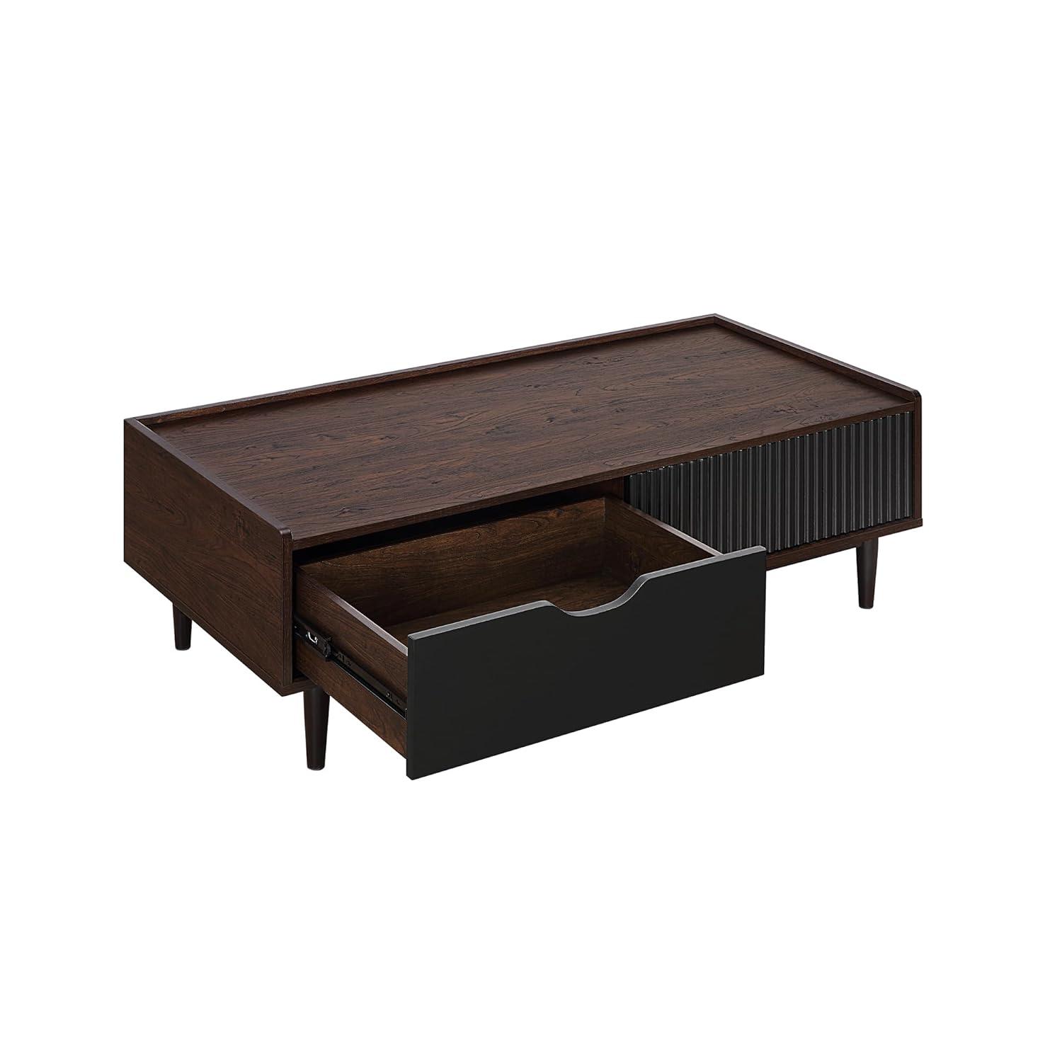 Manhattan Comfort Duane Ribbed Coffee Table with Drawer and Shelf Dark Brown/Black: Rectangular, MDF, Living Room Furniture