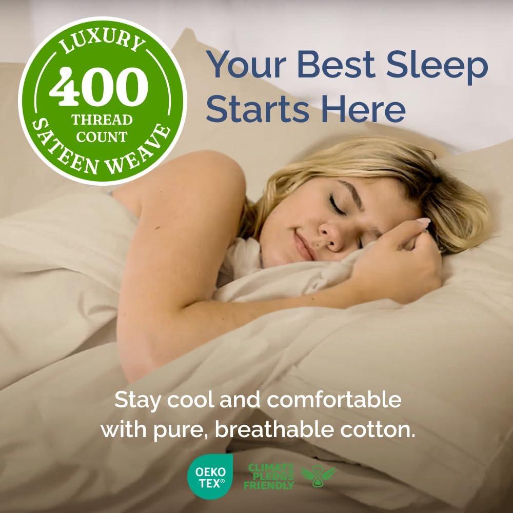 CGK Linens 100% Cotton 400 Thread Count 4 Piece Sheet Set - Soft & Cozy Sateen Bed Sheets in Cream, Size Queen