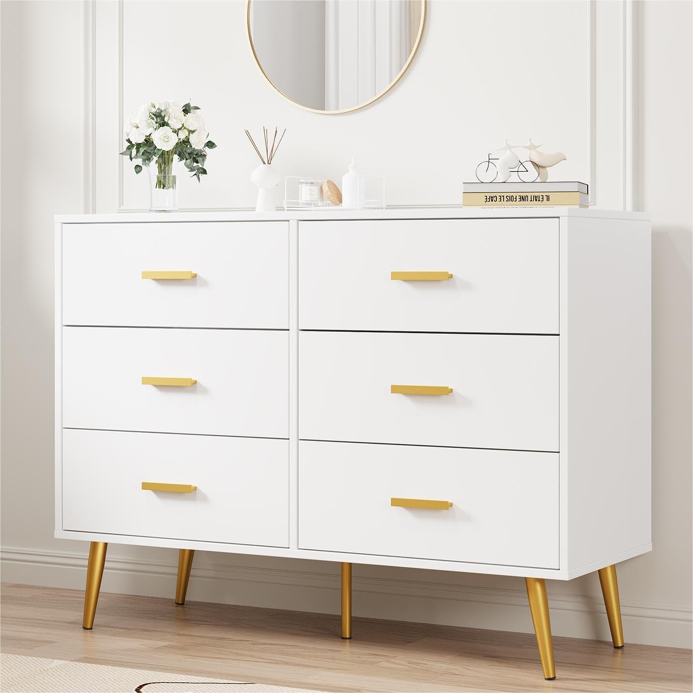 Danolapsi 6 Drawer Dresser,6-Drawer Chest of Drawers for Bedroom,Wooden Dresser with Gold Handles,Chest Dresser with Deep Drawers Modern Storage Drawers for Bedroom,Living Room and Entryway