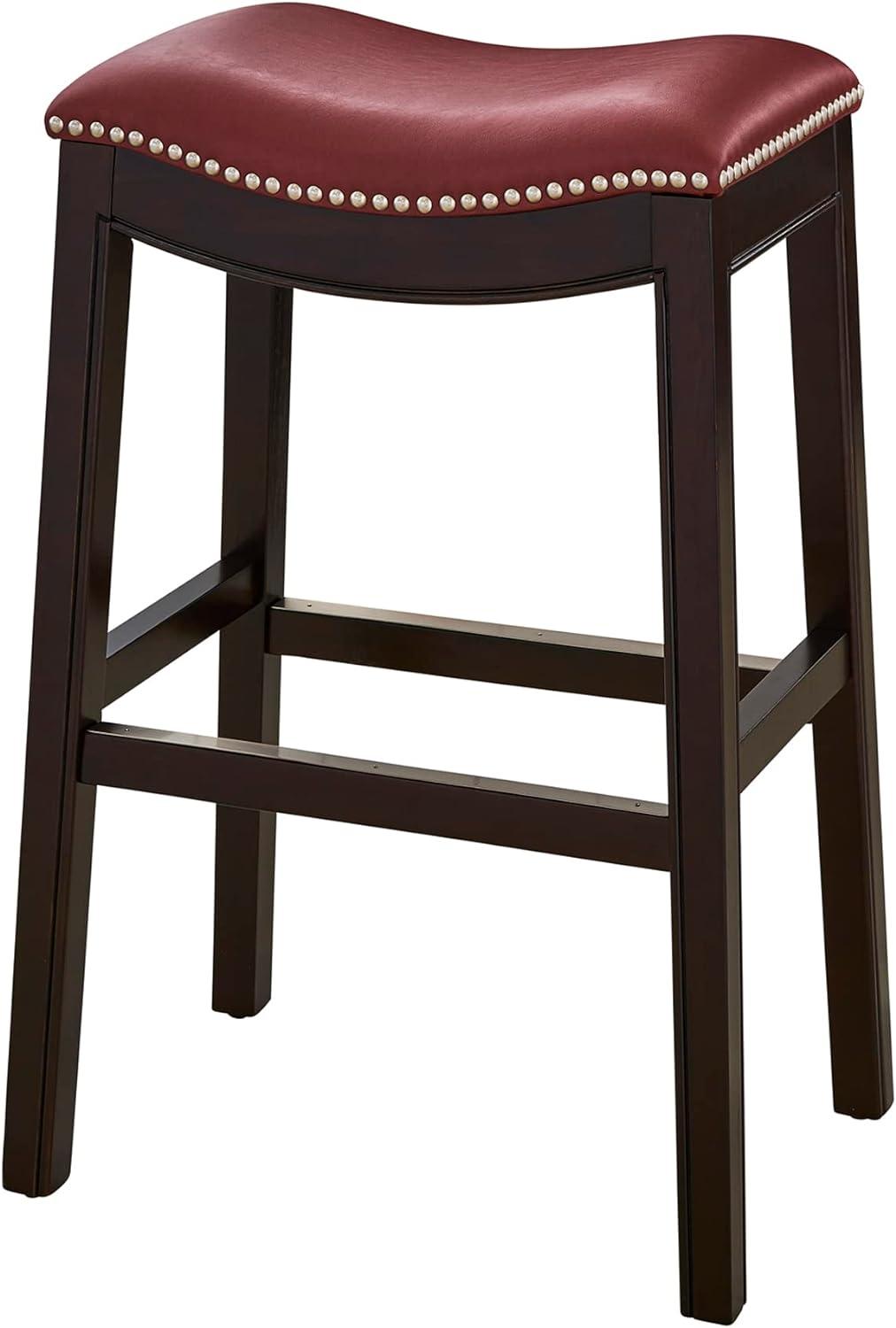 New Ridge Home Goods Julian 31in. H Bar-Height Wood Barstool with Red Faux-Leather Seat