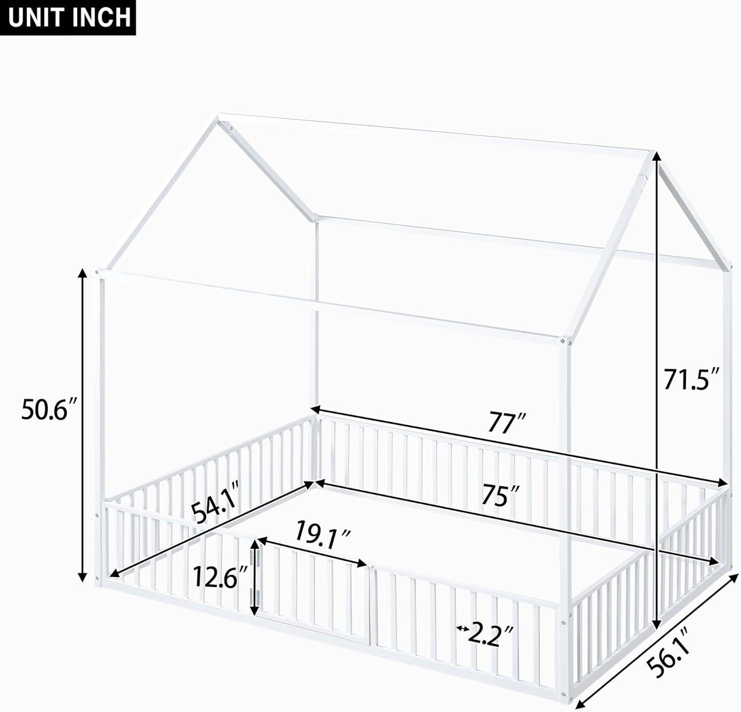 Full Floor Bed with Door and Fence, Metal Montessori Bed Full Size, Kids Montessori Floor Bed with Roof/House for Kids, Girls, Boys, White