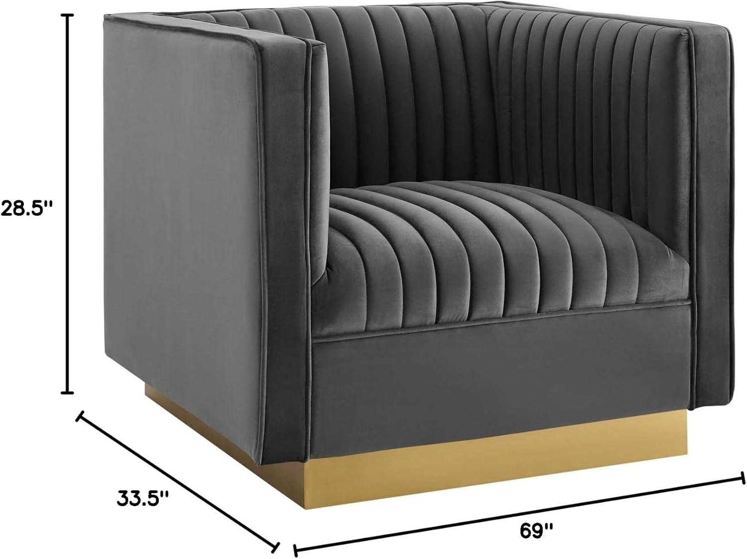 Gray Velvet Channel Tufted Armchair Set with Gold Metal Base