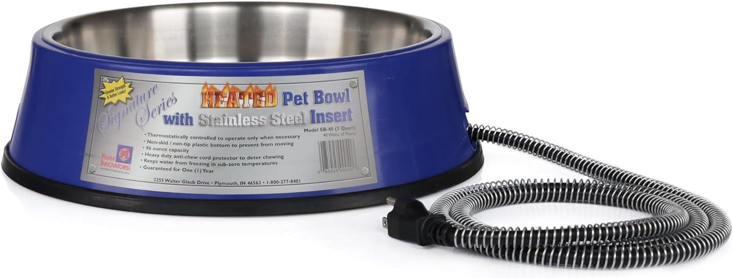 Farm Innovators SB-40 Signature Series 3 Quart Electric Heated Pet Water Bowl with Stainless Steel Insert, Thermostatic Control, 40 Watt