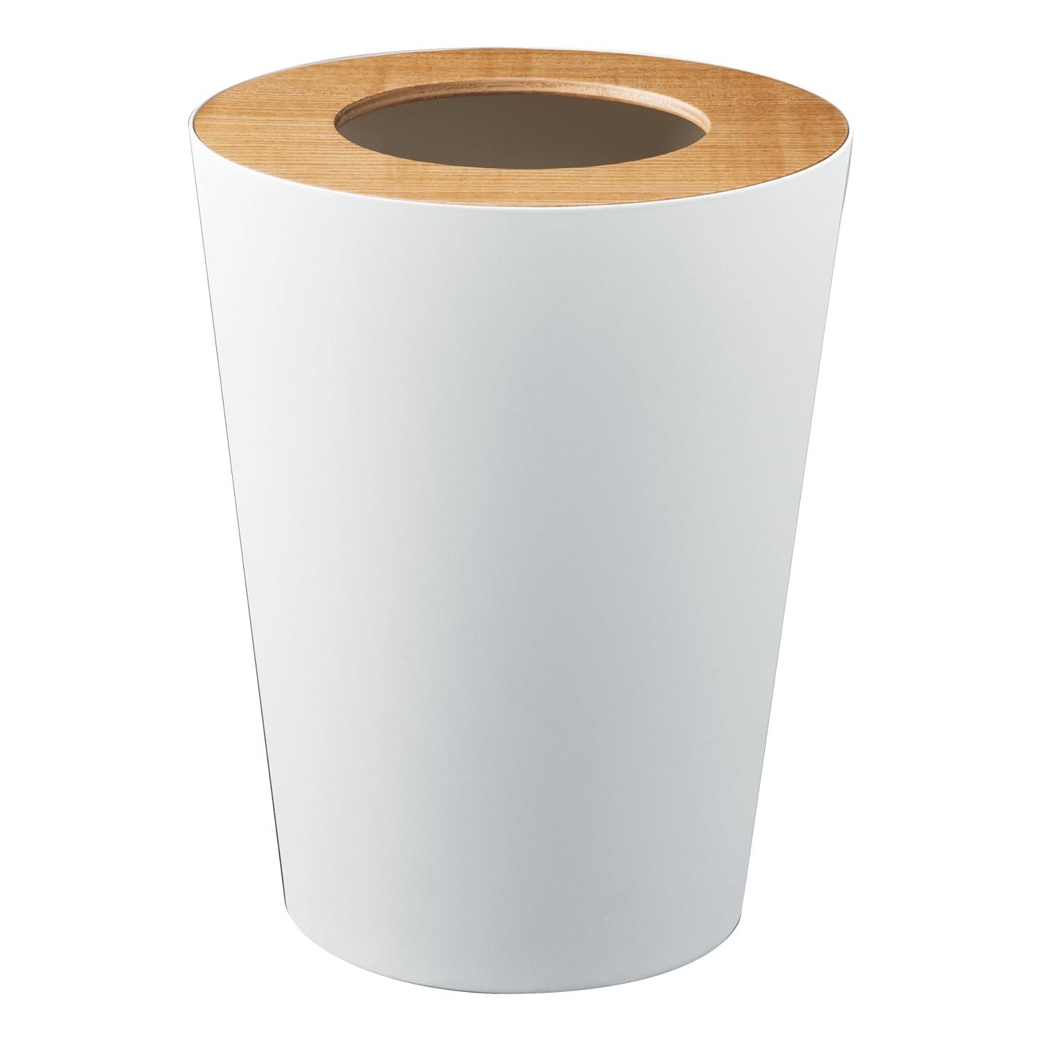 Rin Yamazaki Home Round Trash Can, 1.85 gallon Wastebasket Bathroom Kitchen Office, Steel + Wood