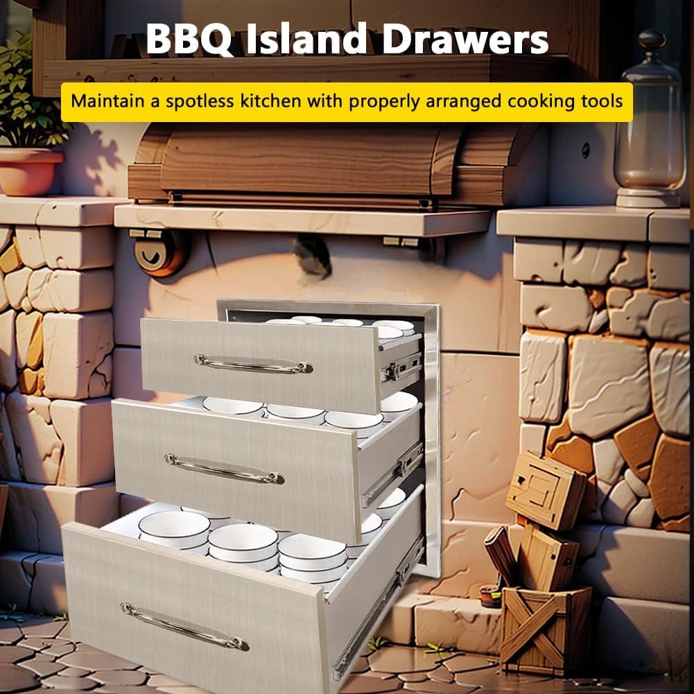 Towallmark 14 x 20.5 Inch Outdoor Kitchen Drawers, Stainless Steel Triple Access BBQ Drawers with Chrome Handle, 14 x20.5 x 23 Inch